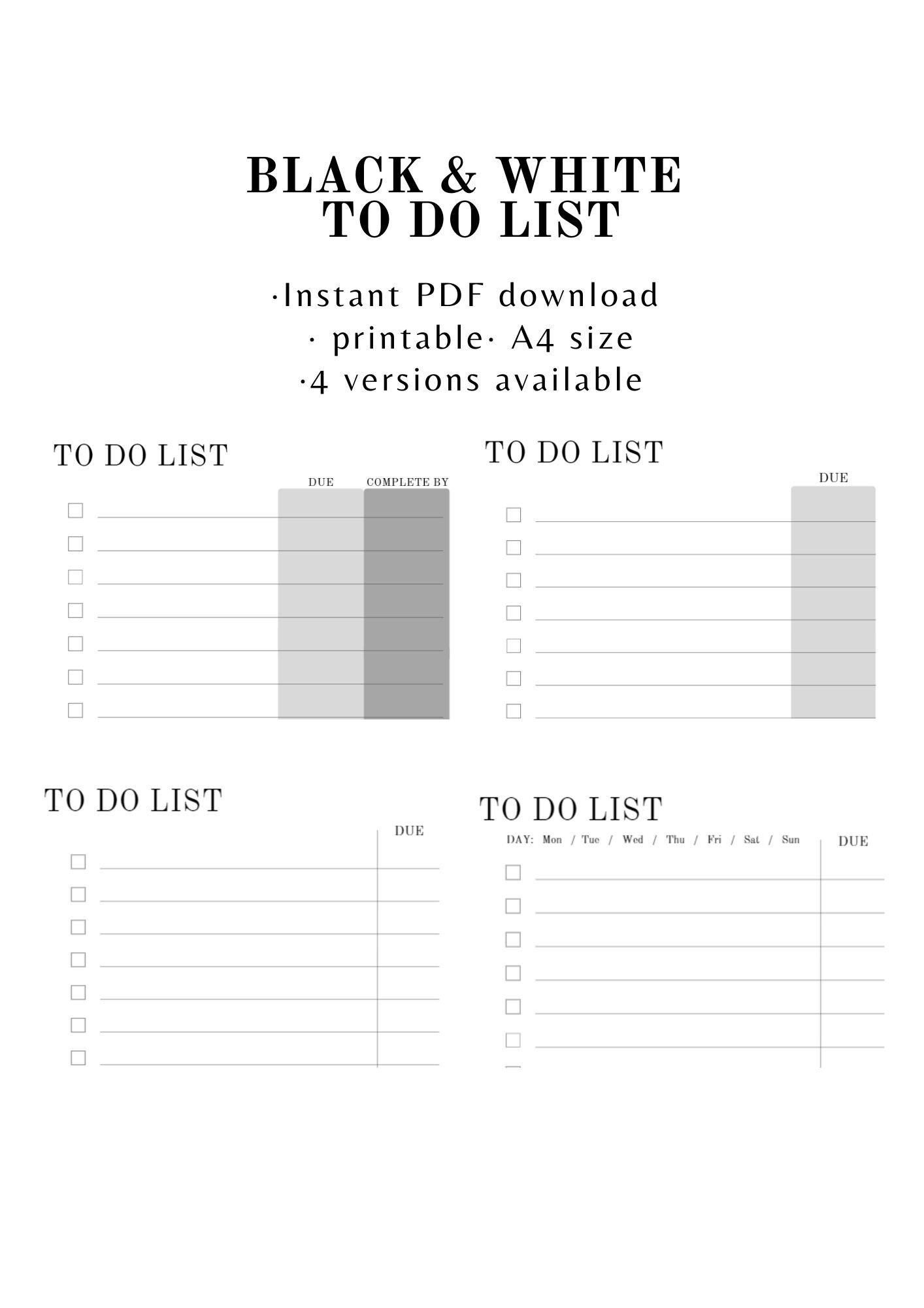 To Do List Printable/ Black &amp; White Simple Planner/ A4 Size/ Minimalistic - Etsy