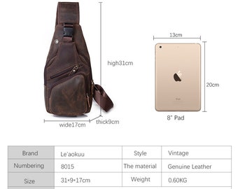 Men Original Crazy horse Leather Casual Triangle Crossbody Chest Sling Bag  Design Travel One Shoulder Bag Daypack Male 8015