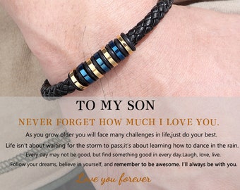 To My Son Men Leather Braided Bracelet,Minimalist Stainless Steel Beaded Bracelet,Grandson Bracelet,Anxiety Relief Bracelet,Gift for Him