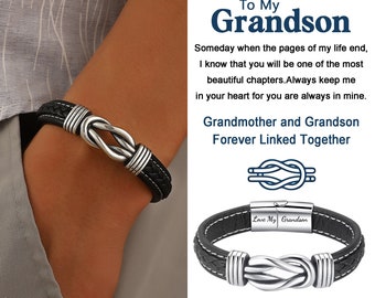 To My Grandson Personalized Link Bracelet,Son Bracelet,Men's Braided Leather Bracelet,Engraved Bracelet,Birthday Gifts,Personalized Gifts