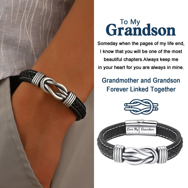 To My Grandson Personalized Link Bracelet,Son Bracelet,Men's Braided Leather Bracelet,Engraved Bracelet,Birthday Gifts,Personalized Gifts