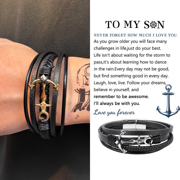 Je serai toujours avec vous Bracelet nautique, Bracelets d'ancre à mon fils, Bracelet en cuir tressé pour homme, Bracelet inspirant, Cadeau pour lui