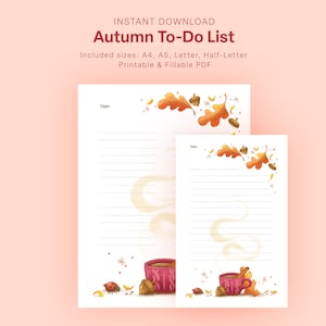 May include: Printable to-do list with an autumn theme. The design features a cup of coffee with steam, fall leaves, acorns, and ladybugs. The text "Autumn To-Do List" is at the top of the page.