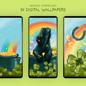 May include: Three digital phone wallpapers featuring a black dog, a pot of gold, a rainbow, and a four-leaf clover. The first wallpaper features a black dog sitting in a pot of gold at the end of a rainbow. The second wallpaper features a pot of gold at the end of a rainbow. The third wallpaper features a four-leaf clover and a horseshoe.