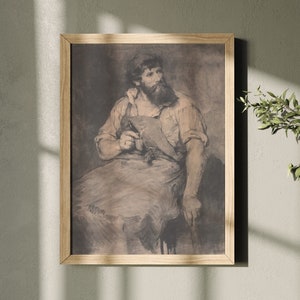Antique Black Smith Sketch. 1800s Portrait of Bearded Burly Working Man