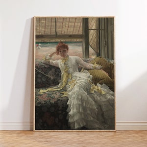 Vintage Gemälde von Ingwer Frau Faulenzen, Liegen, Chillen vor Ozean. Digitale Kunst Download