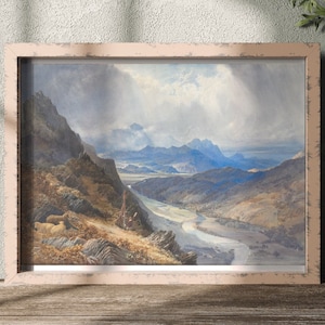 Stunning Mountain scape with valley gorge, river, small village and crags