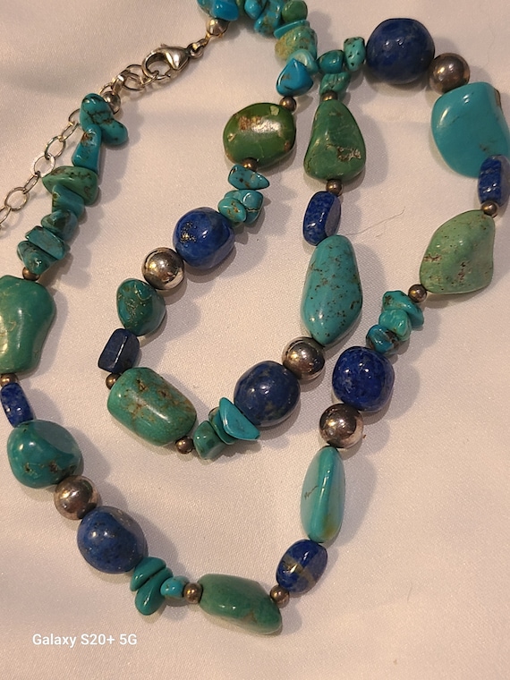 Genuine Blue Lapis, Turquoise, Sterling Beads Neck
