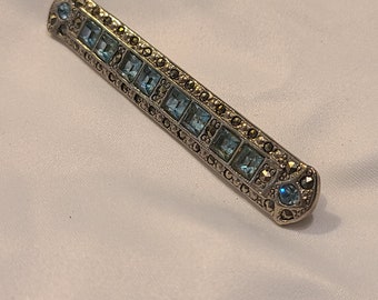 Scrolling Silver Vintage Brooch, Blue Crystals & Marcasite