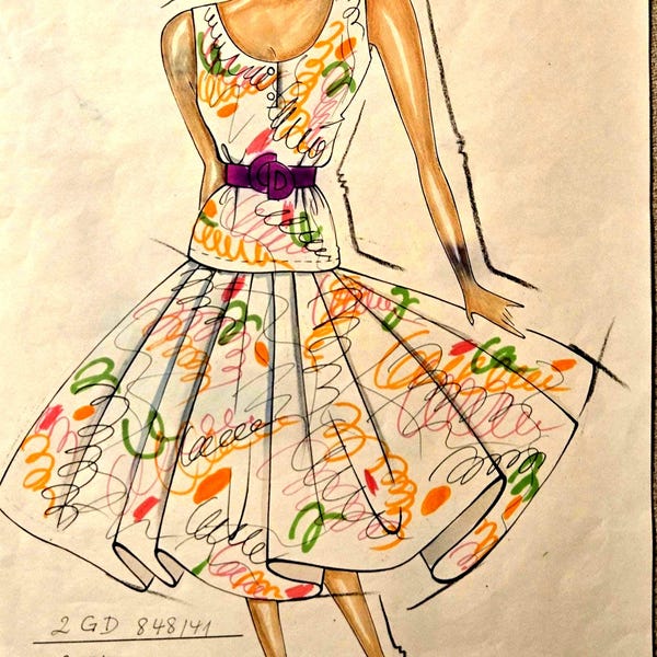 A Christian Dior Fashion Illustration 1988 Dress Sketch - Multicolor Scribble Dress -