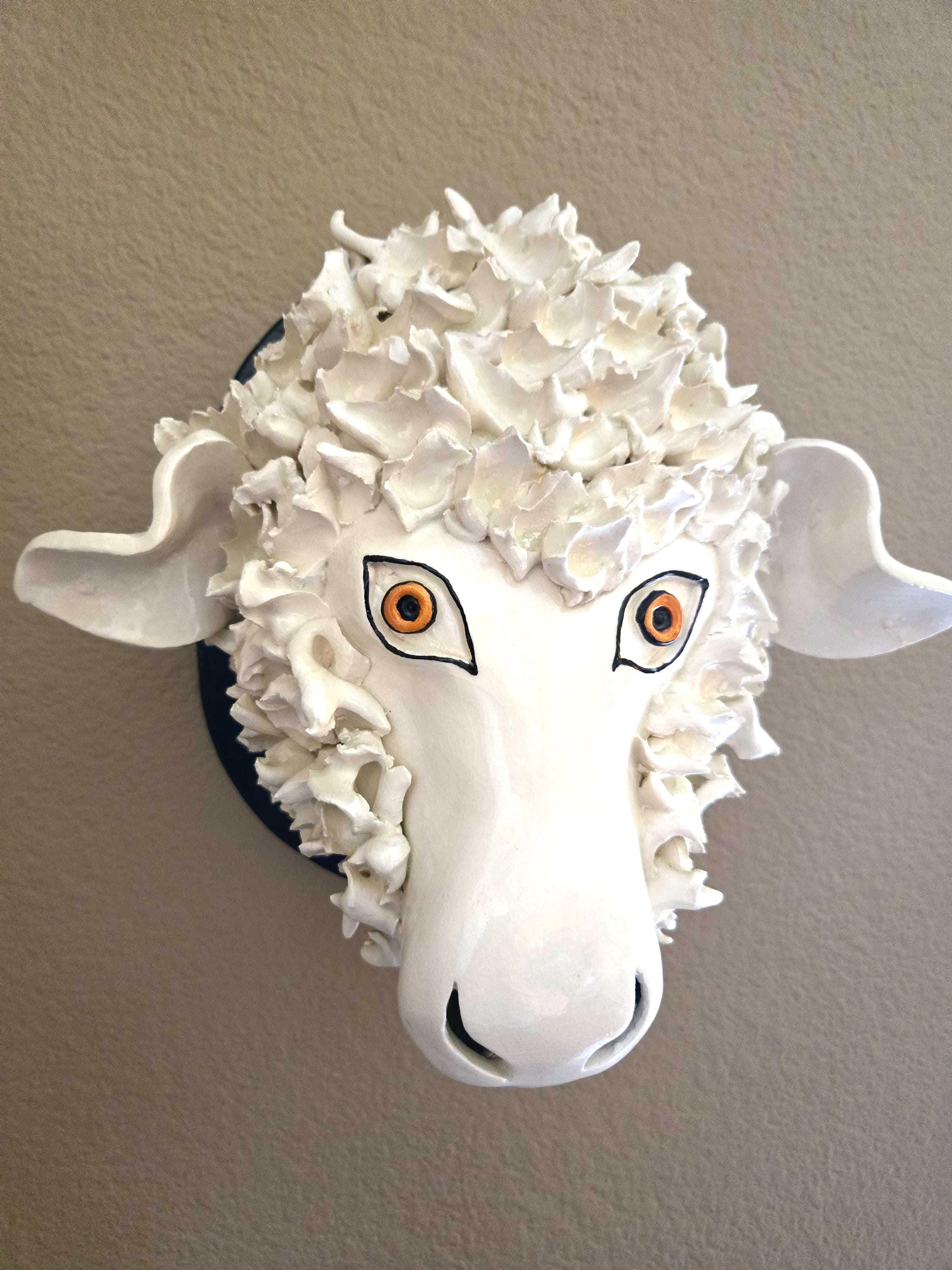 Ceramic Sheep Head Sculpture Mounted on Wood Plack Signed 1982