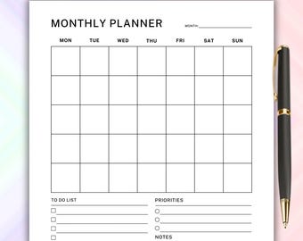 Monthly Planner, Monthly Calendar, Monthly Schedule To Do List, Printable Planner, A4/A5/Letter, Minimalist Simple Planner