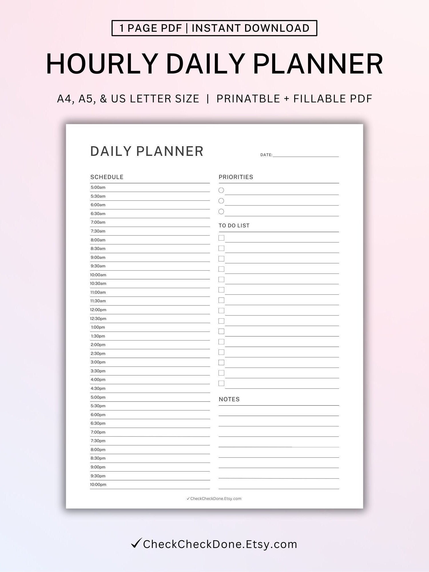 Daily Planner Printable Hourly Schedule Daily to Do List Productivity ...