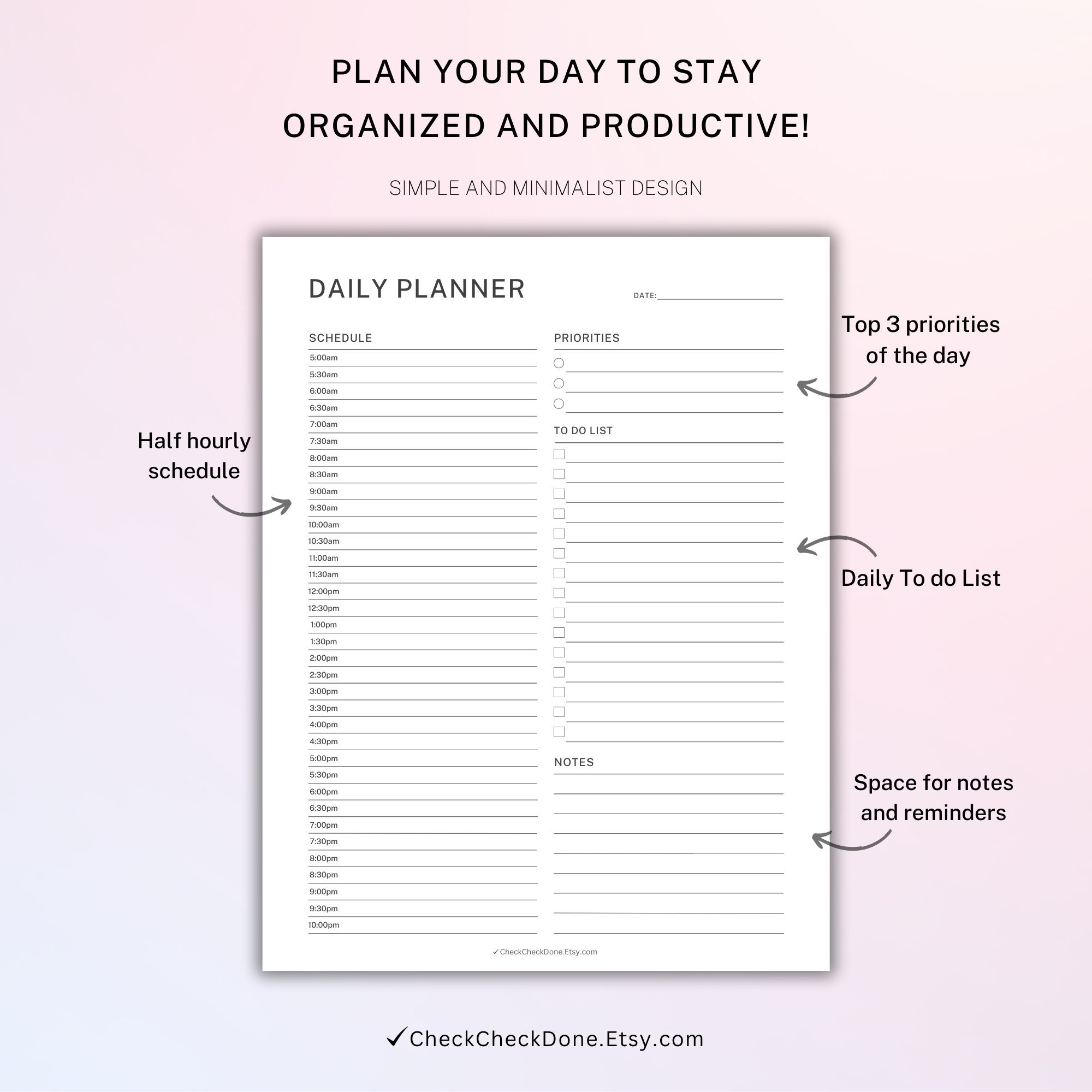 Daily Planner Printable Hourly Schedule Daily to Do List Productivity ...