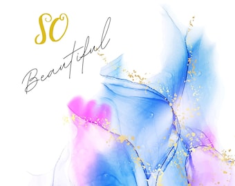 Peut inclure: Impression d'art abstrait avec des couleurs bleues, violettes et roses et des accents dorés. Le texte "So Beautiful" est écrit en lettres dorées.