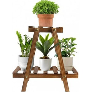 May include: A wooden plant stand with two shelves. The stand is brown and has a rustic look. There are three potted plants on the stand, one on the top shelf and two on the bottom shelf.