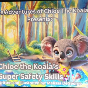 May include: A children's book cover titled "The Adventures of Chloe The Koala Presents: Chloe the Koala's Super Safety Skills." The illustration features a cartoon koala in a pool of water, with a forest background and a small wooden ladder.