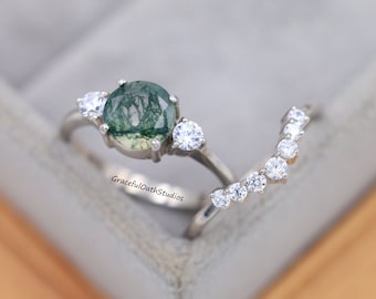 Round cut Moss Agate engagement ring set, Cluster tree agate ring set, Nature inspired ring wedding ring set, Anniversary gift, promise ring