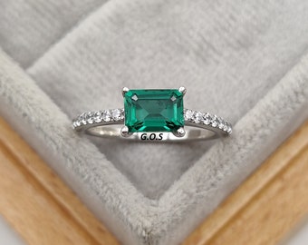 Emerald dainty engagement ring Emerald cut minimalist ring horizontal set emerald ring promise ring Anniversary gift for women proposal ring