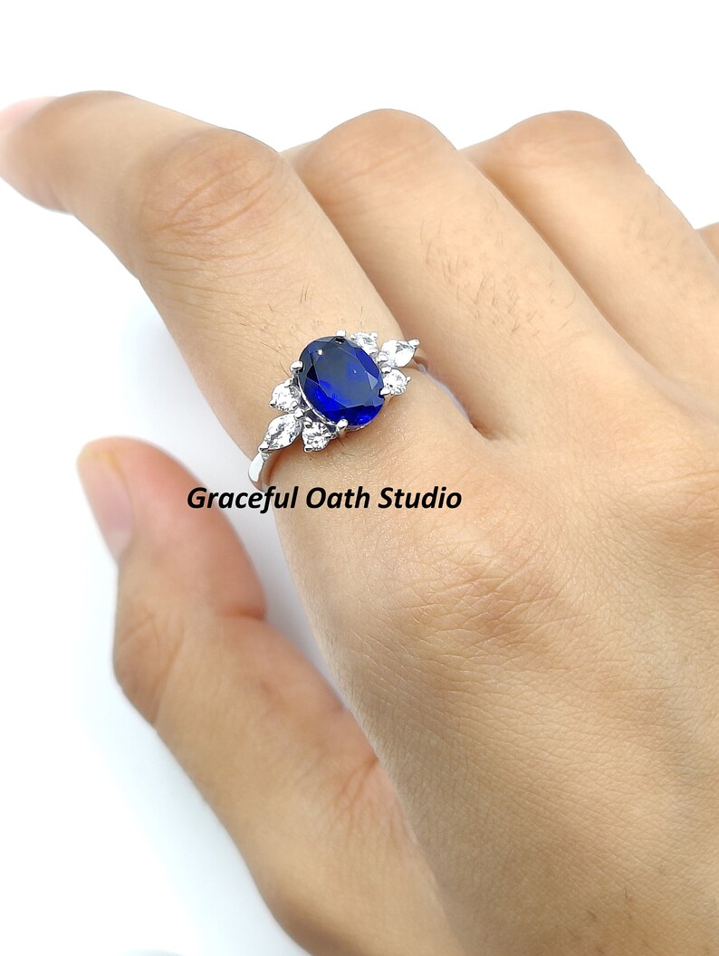 Blue Sapphire Oval Cut Engagement Ring Marquise Minimalist Etsy