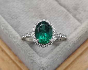 Green sapphire oval cut engagement ring Halo sapphire wedding ring Anniversary gift for women Promise teal green stone ring Gift for her