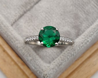 Round cut Emerald classic engagement ring Emerald 14k Gold wedding ring Anniversary gift for women proposal ring cluster bridal promise ring