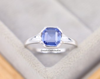 Asscher cut Tanzanite dainty ring, Tanzanite minimalist ring, Promise ring for her, blue stone wedding ring. Anniversary gift for women