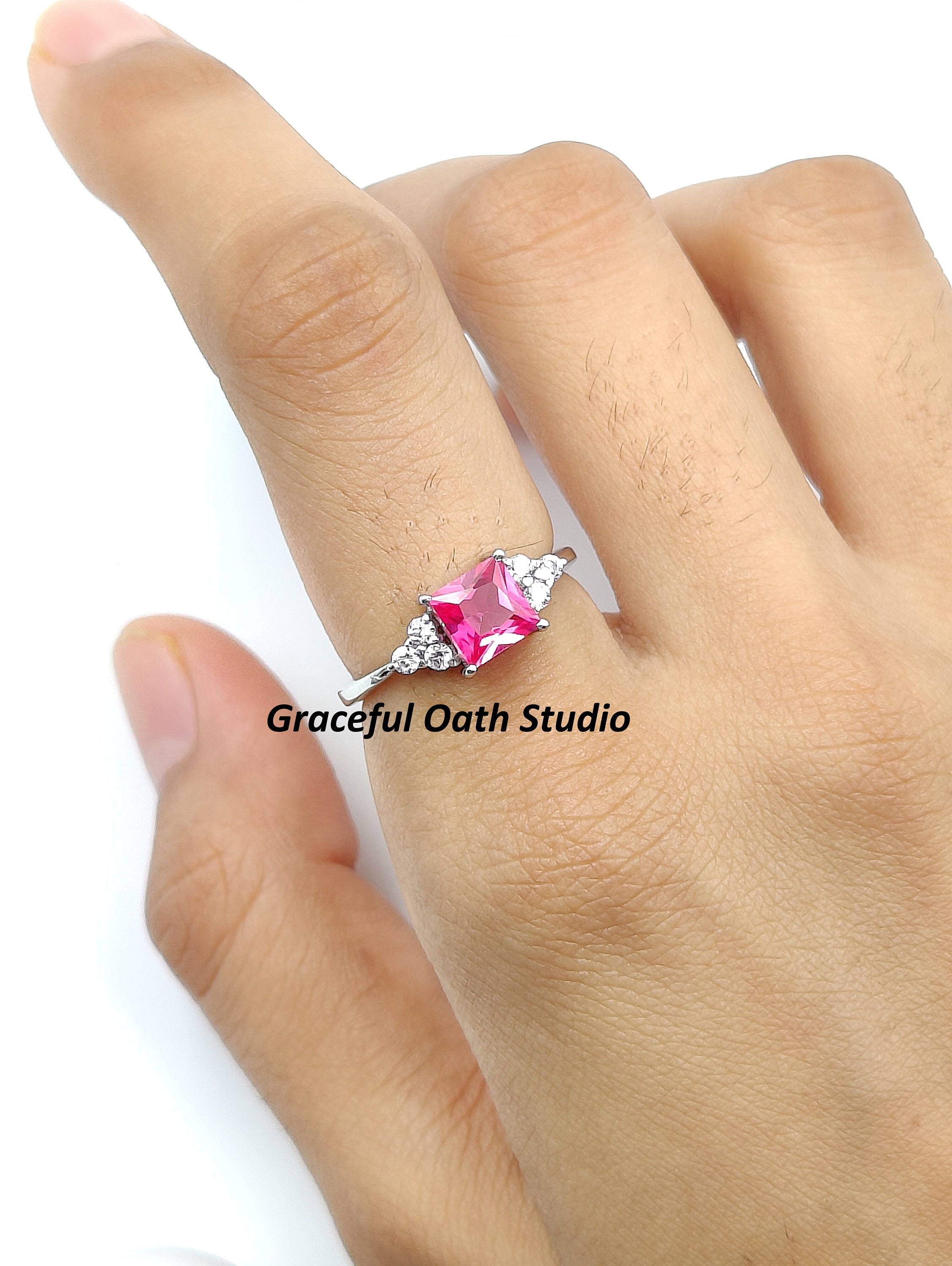 Princess Cut Pink Sapphire Engagement Ring, Pink Stone Minimalist Ring