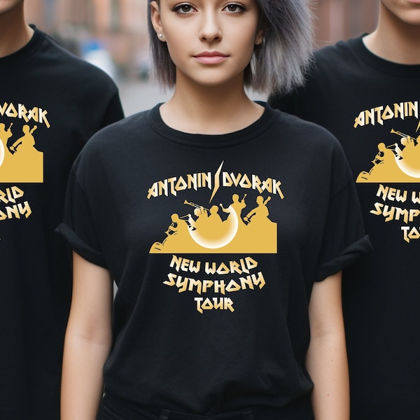 T-shirt del tour sinfonico del nuovo mondo di Antonin Dvorak; Maglietta del compositore classico ispirata all'Hard Rock; Compositore classico in maglietta nascosta