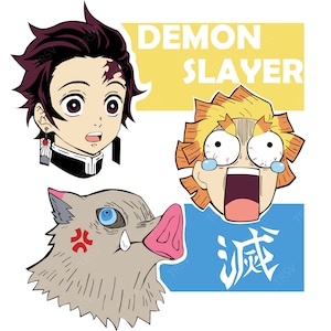 Pode incluir: Gráfico com três personagens de "Demon Slayer". No canto superior esquerdo, um personagem com cabelo bordô e uma cicatriz. No canto superior direito, um personagem com cabelo amarelo e uma expressão chocada. Na parte inferior, um personagem semelhante a um javali com uma cara zangada. O texto "DEMON SLAYER" também está presente.