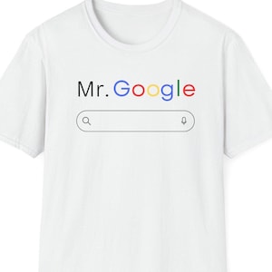 May include: White t-shirt with a graphic of the Google search bar and the text "Mr. Google" in colorful letters.