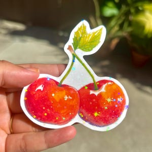 Holographic Red Cherry Sticker Handmade | Hand-Cut Colorful Cherry Decal | Sparkly Cherry Waterproof Vinyl Sticker for Laptops
