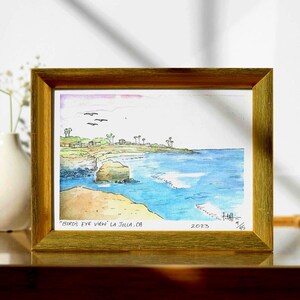 Bird&#39;s Eye View La Jolla 5x7 Watercolor Painting Fine Art Print Local Artist from San Diego From the La Jolla in Watercolor Collection