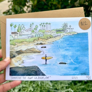 Fine Art Card “Scanning the Surf&quot; La Jolla San Diego Artist Handmade Watercolor Greeting Card Comes in 1, 3, 5, 8, & 10 Pack