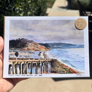 Torrey Pines Bridge Watercolor Art Print, San Diego Landmark (5x7)