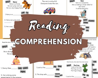 Könnte beinhalten: Lehrreiche Leseverständnis-Arbeitsblätter mit farbenfrohen Illustrationen. Die Arbeitsblätter enthalten Kurzgeschichten mit Fragen, darunter Geschichten über ein Pferd namens Harry, einen bunten Van und einen Zimmermann namens Sam. Die Arbeitsblätter sind für Kinder konzipiert.