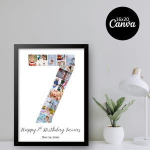 Collage fotografico per il 7° compleanno / Modello modificabile Canva 16x20 / Bacheca dei ricordi per bambini di 7 anni / Arte murale di compleanno / Poster ricordo digitale stampabile
