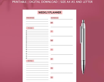Minimalist Weekly Planner Printable, A4 A5 Letter (Digital Download)