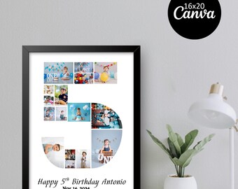 5th Birthday Photo Collage Template, Number 5 (Digital Download)
