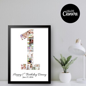 de collage de photos pour le 1er anniversaire | Poster modifiable en toile 16 x 20 cm | Tableau souvenir d'anniversaire de 1 an | Téléchargement numérique imprimable