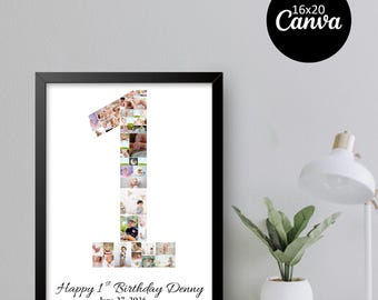 1st Birthday Photo Collage Template, Number One Design (Canva Digital Download)