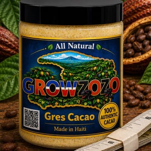 May include: A jar of light brown powder with a black lid, labeled "GROWZOZO Gres Cacao" with a landscape design. The label also states "All Natural" and "100% Authentic Cacao". A measuring tape is next to the jar.
