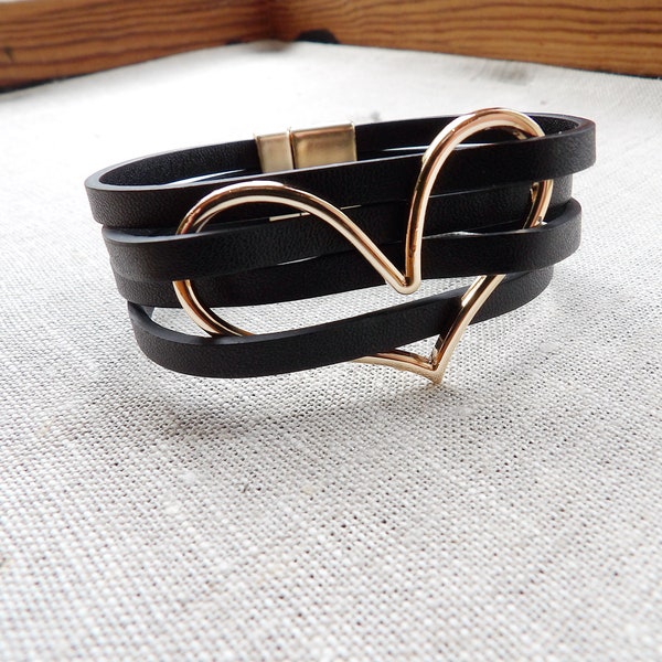 Heart Faux Leather Bracelet, Heart Cuff Black PU Faux Leather, Black & Gold, Vegan Leather Cuff, Magnetic Clasp, Easy Clasp Statement Cuff