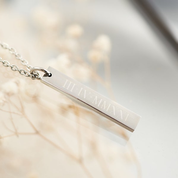 Roman Numerals Necklace, Vertical Bar Numerals, Personalised Engraved Necklace, Gold Silver Rose Gold Bar Necklace, Date Necklace Engraved,
