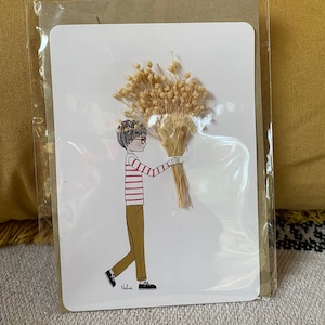 Carte modèle déposé garçon et bouquet fleurs séchées