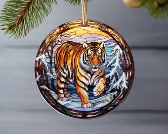 Tiger Ornament, Faux Stained Glass Tiger Ornament Christmas, Ornament Exchange Christmas Birthday Gift Under 20 For Tiger Lovers