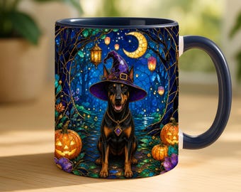 Doberman Coffee Mug Halloween Faux Stained Glass Ceramic Cup Gift For Dog Lover
