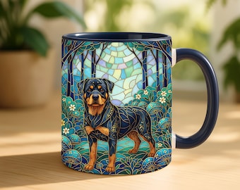 Rottweiler Coffee Mug Faux Stained Glass Ceramic Cup Gift For Rottie Dog Lover