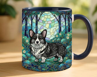 Black and White Corgi Coffee Mug Faux Stained Glass Pattern Ceramic Cup Gift For Dog Lover