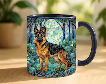 German Shepherd Coffee Mug Faux Stained Glass Ceramic Cup Gift For Dog Lover